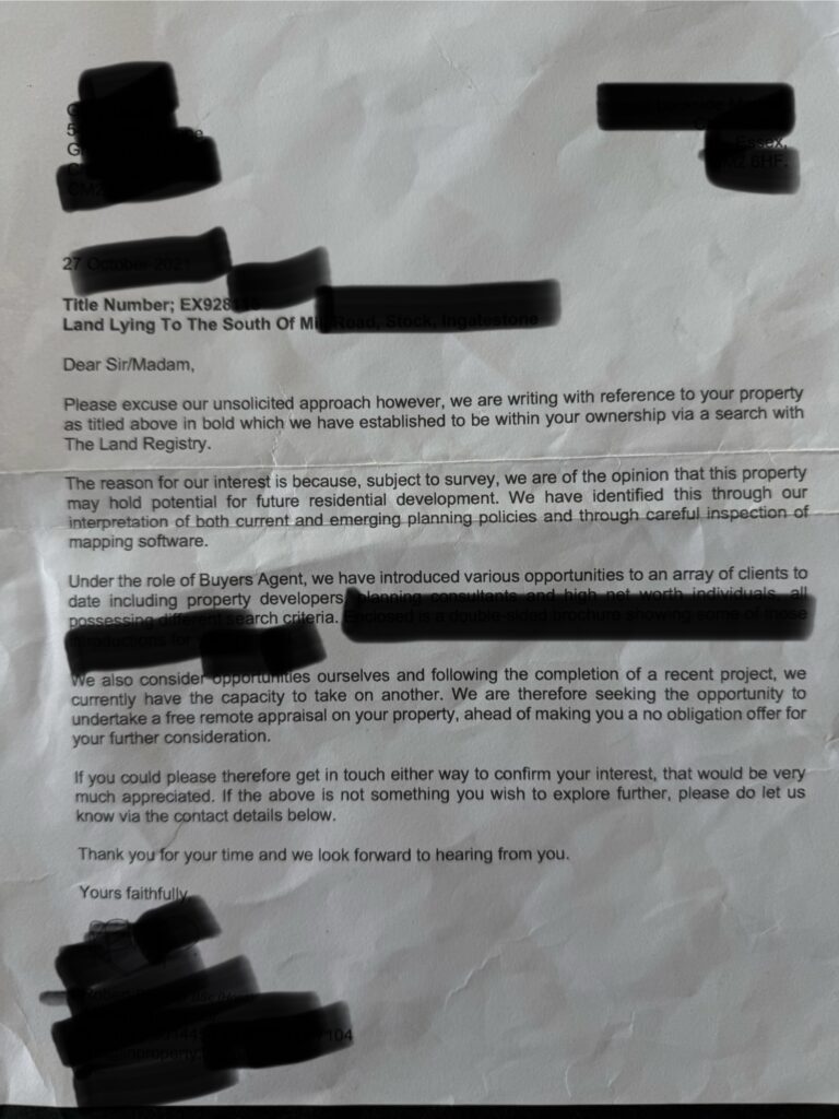 Редактиран пример за писмо с предложение за безплатна оценка на земя, изпратено без поискване до собственик на земя.
