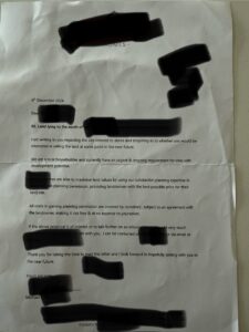 Przykład prawdziwego niezamówionego listu otrzymanego przez właściciela gruntu z ofertą kupna gruntu, z usuniętymi danymi osobowymi