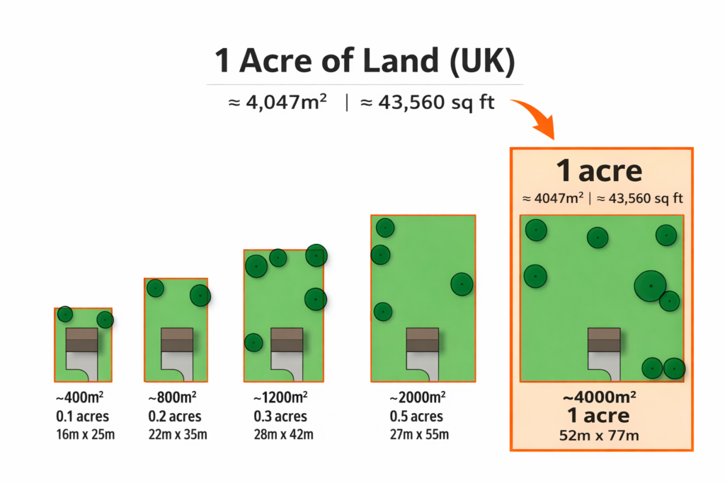 How big is an acre of land in the UK shown with plot size comparisons from 0.1 to 1 acre including dimensions